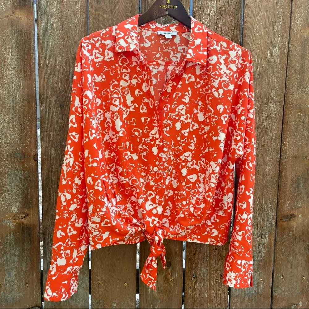 NINE WEST Women’s Orange White Floral Print Blouse Shirt Front Tie Size Large